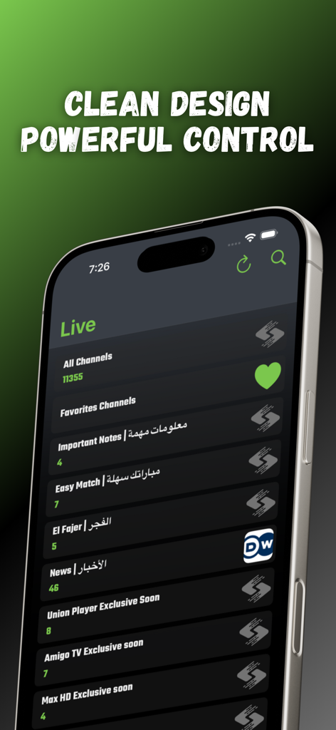 S Player Pro - S Player Pro App-Oberfläche, die eine Liste von Live-TV-Kanälen auf einem iPhone anzeigt