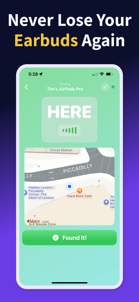 Smartphone-Bildschirm zeigt eine Karte und eine Signalstärkenanzeige, um verlorene AirPods Pro zu orten
