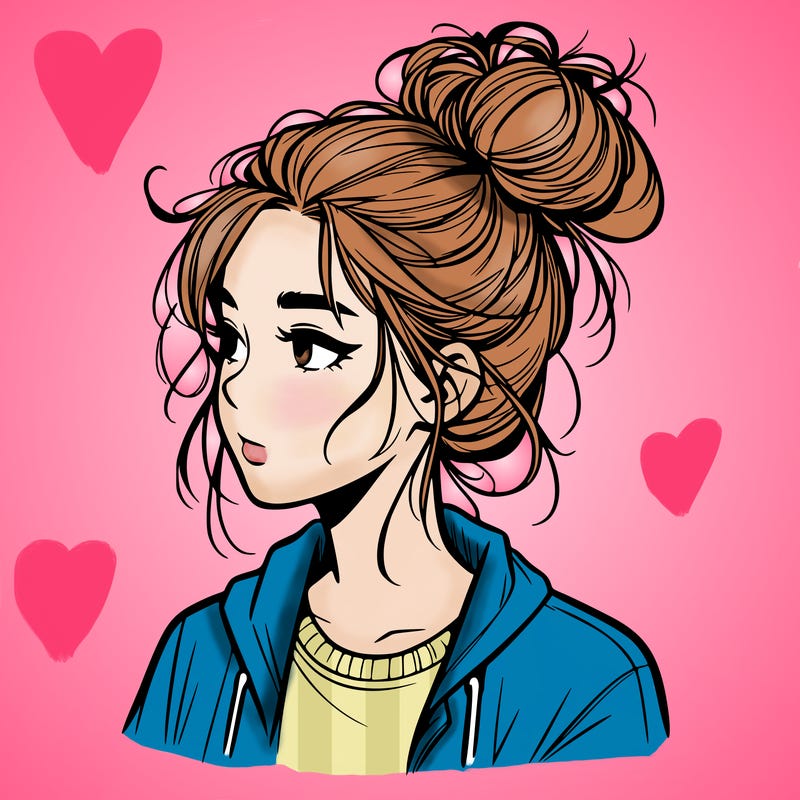 realistic teenage girl with a messy bun