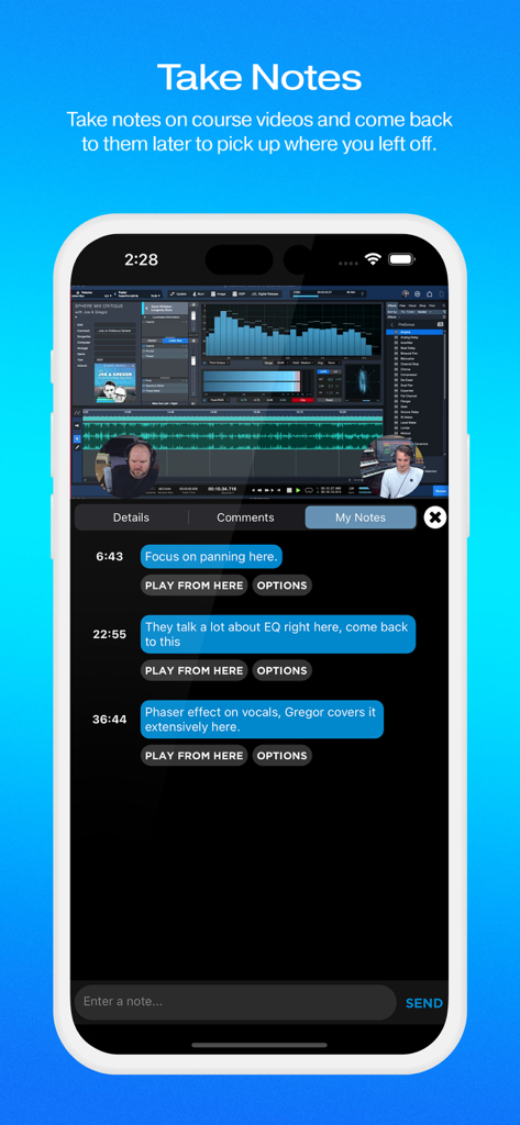 MyPreSonus - MyPreSonusアプリのオーディオ制作コースビデオにタイムスタンプ付きのメモを取るためのモバイルインターフェース