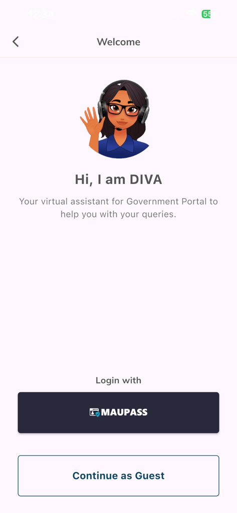 Welcome screen of the MAIA Bot application featuring the virtual assistant DIVA and login options
