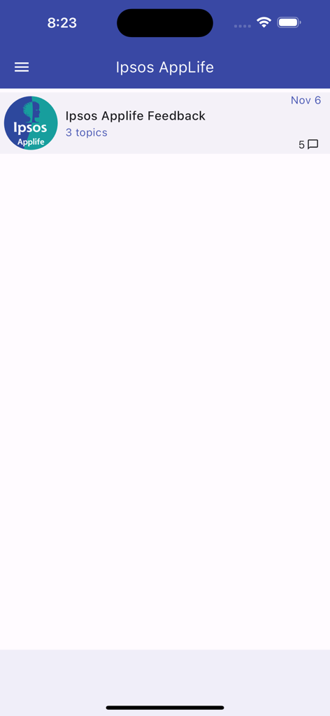 Ipsos AppLife - Ipsos AppLife mobile application interface showing a feedback topic entry