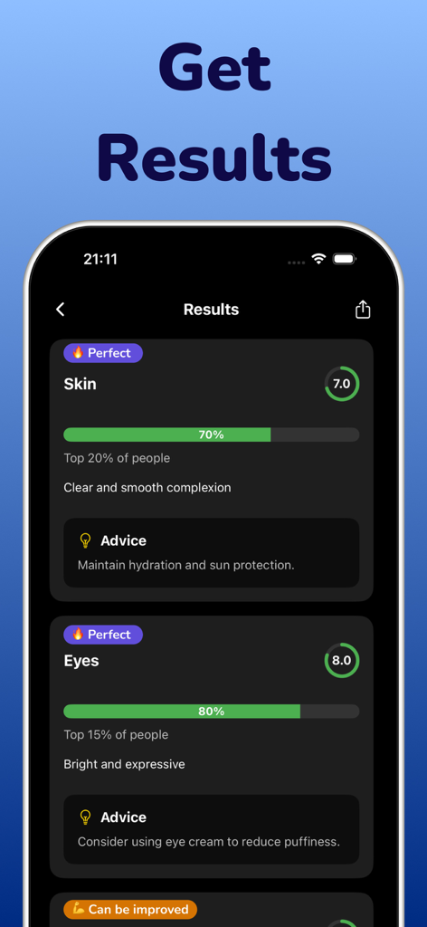MaxLook: AI Face Rate & Looks - A smartphone display showing AI-powered facial analysis results for skin and eyes with scores and personalized improvement advice.