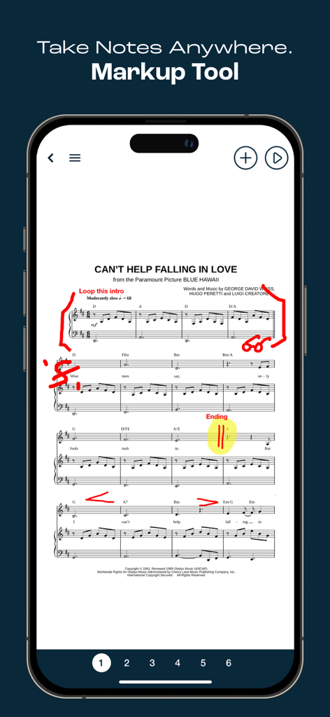 디지털 악보에 손으로 쓴 빨간색 주석이 있는 Musicnotes 앱 마크업 도구를 표시하는 스마트폰