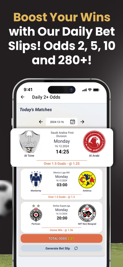 XpertStats Betting Tips - XpertStats mobile app interface showing pre-built daily soccer betting slips with total odds calculations.