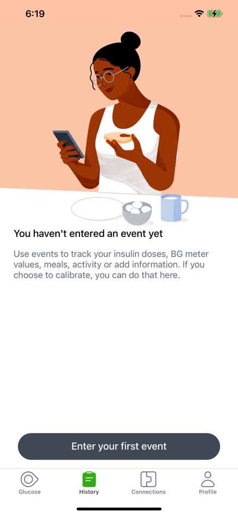 Dexcom G7 app History tab showing a screen to track insulin doses meals and activity