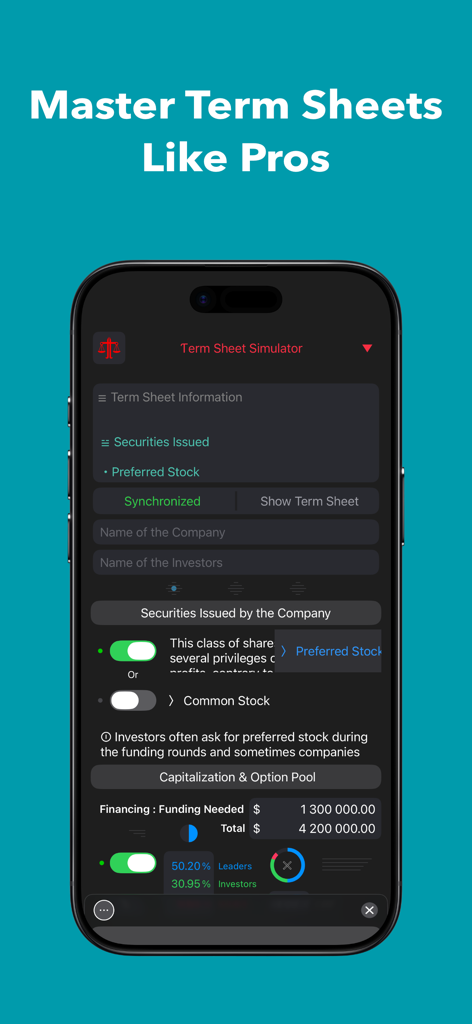 Simulfund * Startup Funding - スタートアップの資金調達とエクイティ計算を表示するタームシートシミュレーターを表示するSimulfundアプリのインターフェイス
