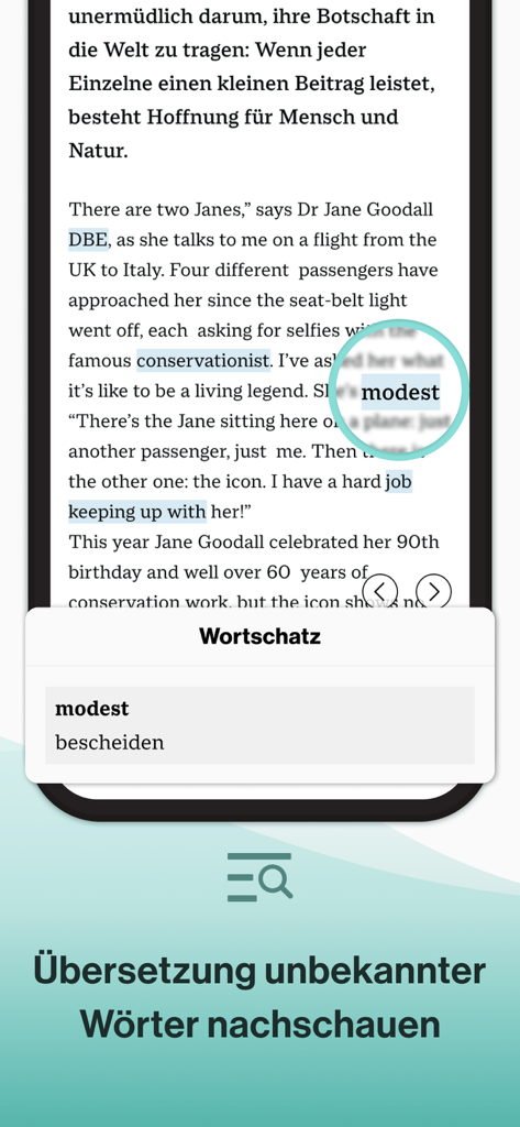 Spotlight eMagazine App zeigt einen englischen Artikel mit einer Pop-up-Übersetzung des Wortes 'modest' ins Deutsche an.