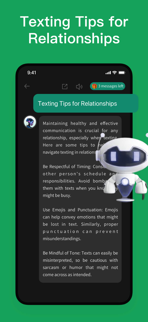Chatbot -Ask AI Chat Assistant - Interfaz de la app de chatbot de IA mostrando consejos de mensajes de texto para relaciones en un smartphone