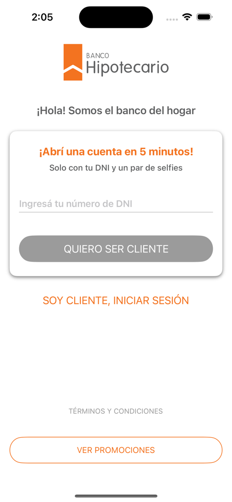 Banca Móvil Banco Hipotecario - Welcome screen of Banca Movil Banco Hipotecario app with login and registration options