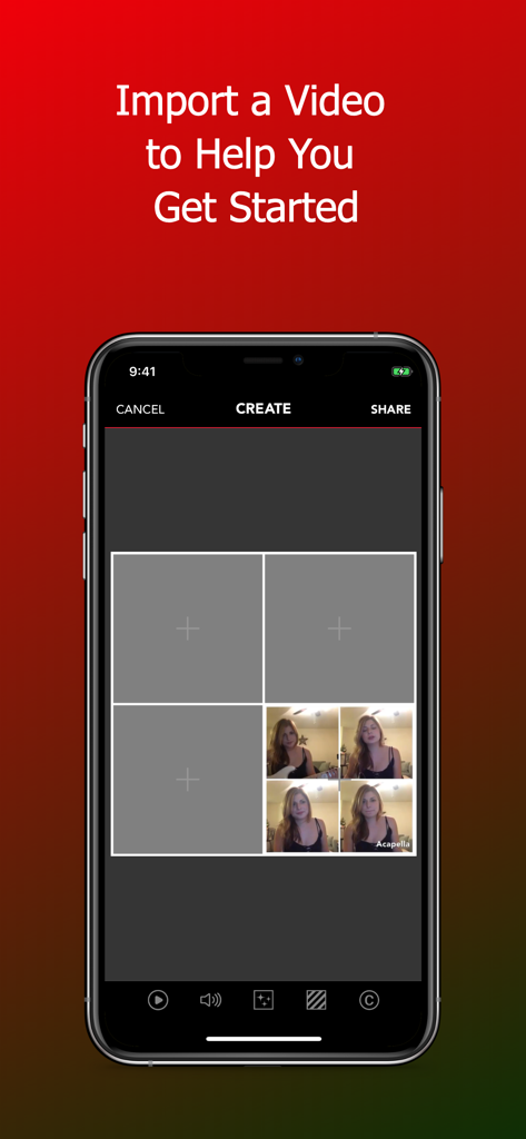 Acapella from PicPlayPost - 音楽制作のためのマルチフレームビデオグリッドが表示されているAcapellaアプリのインターフェース