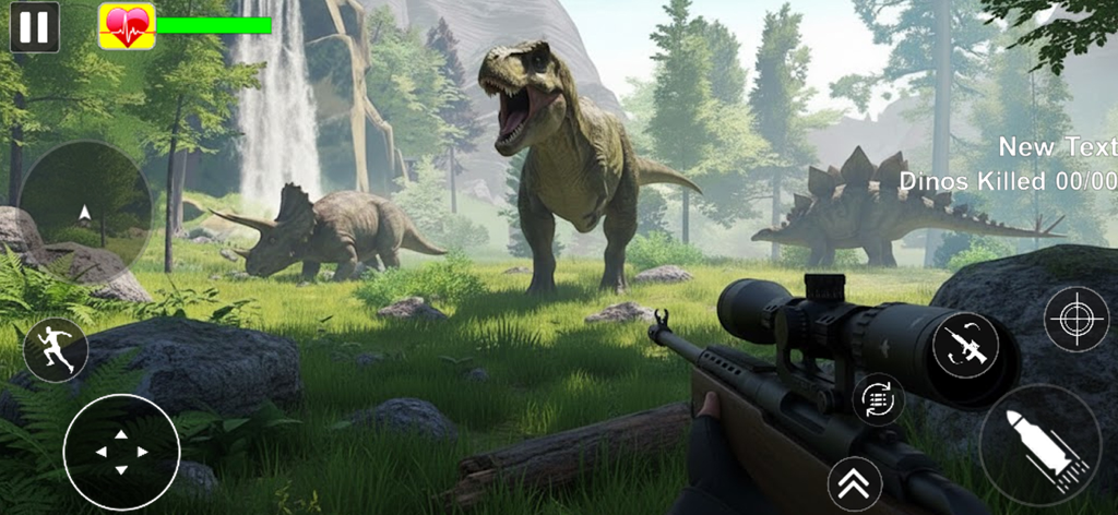 Vista de francotirador en primera persona apuntando a un T-Rex rugiente y otros dinosaurios en una jungla exuberante.