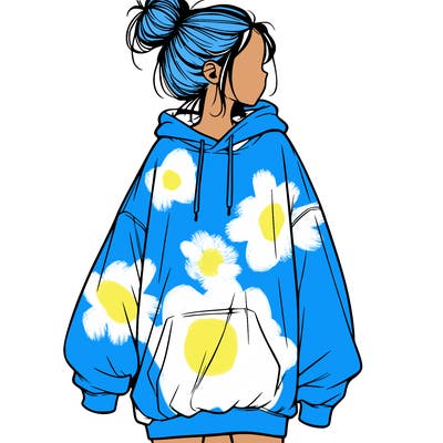 realistic girl with a oversized sweatshirt on and a bun
