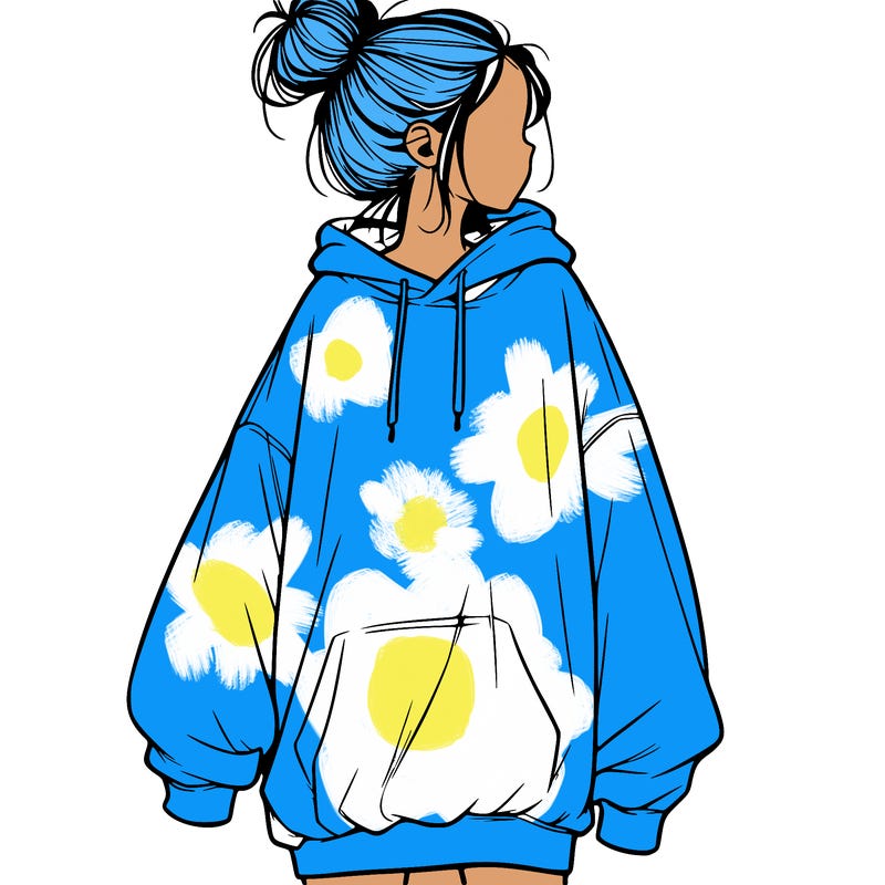 realistic girl with a oversized sweatshirt on and a bun