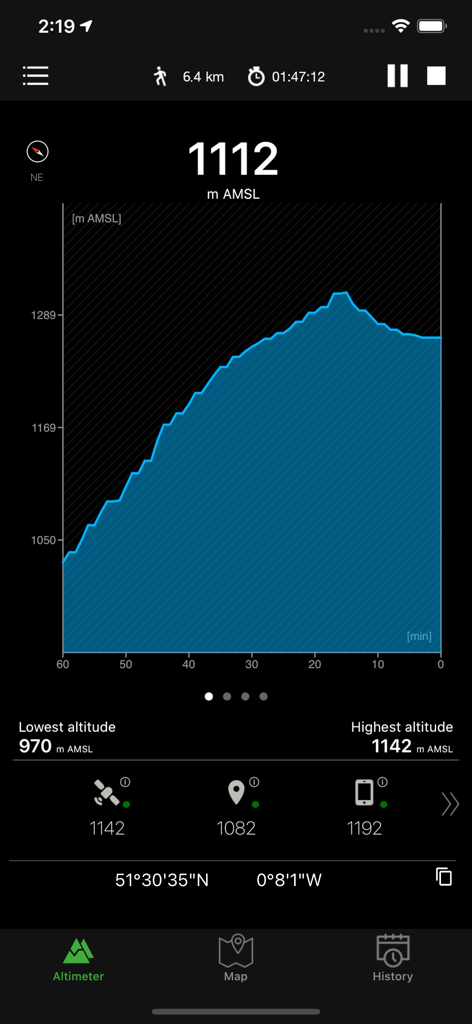 GPS Altimeter - Altitude & Map - Interface of the GPS Altimeter app displaying a blue elevation chart, current altitude in meters, and GPS coordinates