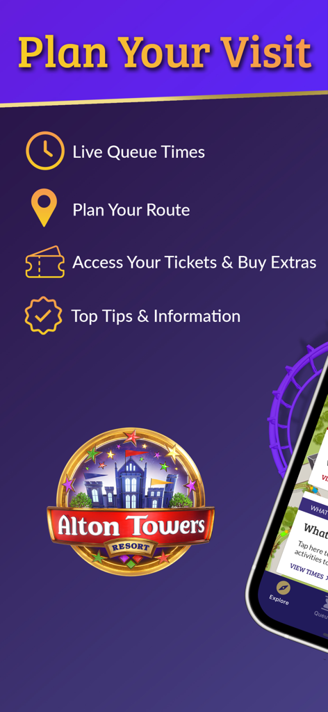 Tela Planeje Sua Visita do aplicativo oficial Alton Towers Resort com tempos de fila em tempo real e acesso a ingressos.