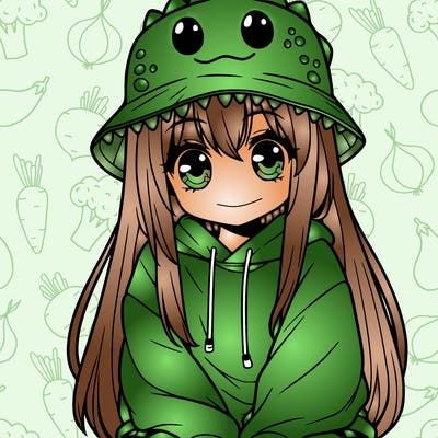 girl with anime shaped eyes with a dinosaur bucket hat oversized sweatshirt long straight hair