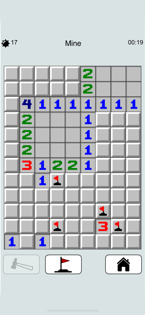 Mine Detector - classic puzzle - Jeu classique de Démineur montrant une grille avec des chiffres logiques et des drapeaux rouges.