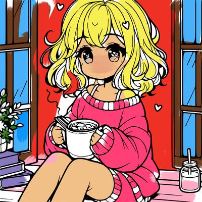 cute anime girl reading book and drinking hot chocolate from mug with loose wavy hair wearing a baggy sweatshirt and shorts sitting by windowsill looking out