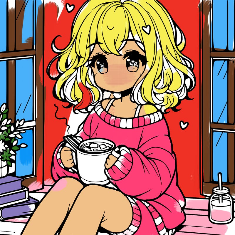 cute anime girl reading book and drinking hot chocolate from mug with loose wavy hair wearing a baggy sweatshirt and shorts sitting by windowsill looking out
