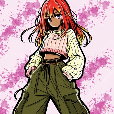 anime teen girl with baggy pants and crop top with sweater