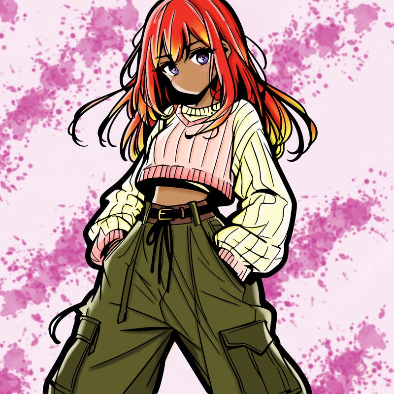 anime teen girl with baggy pants and crop top with sweater