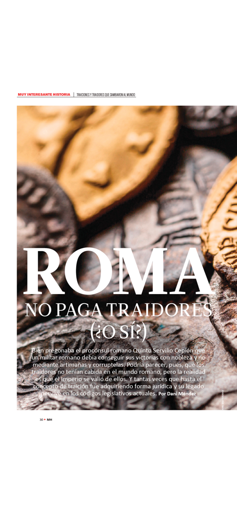 Muy Interesante Historia - Artigo sobre a história da Roma Antiga com um fundo de moedas antigas.