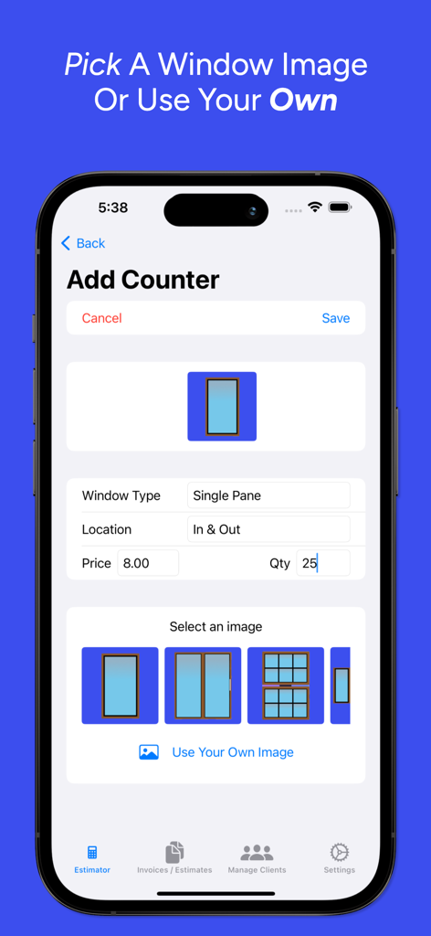 iPhone interface showing window cleaning estimate counter settings for single pane windows