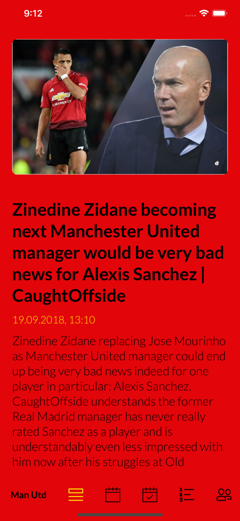 Go Sports News - Artículo de noticias dentro de la aplicación Go Sports News sobre los rumores del entrenador del Manchester United y el jugador Alexis Sánchez.