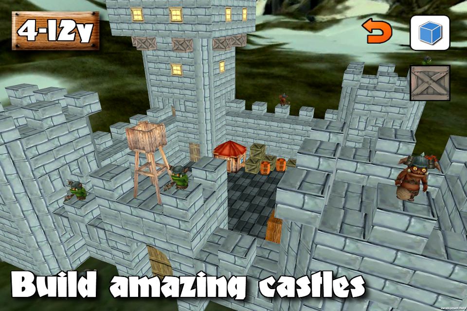 Eine Steinburg im 3D-Cartoon-Stil mit Orks und Bausteinen in Castle Builder 2.