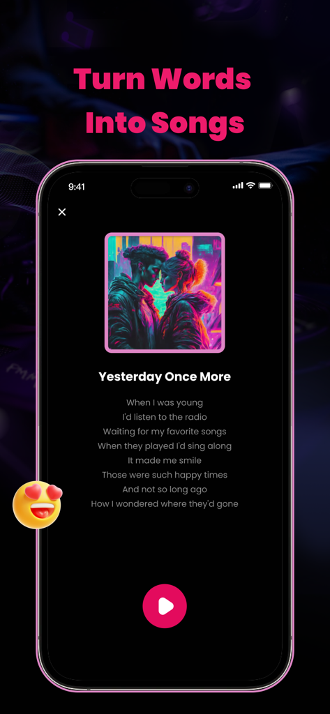 Sonus AI: AI Song Creator - A smartphone screen showing the Sonus AI app interface with lyrics to a generated song and the headline Turn Words Into Songs.