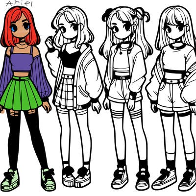 one girl with crop-top shirt and a jacket with a skirt, long socks and another girl with a shirt and pants with a jacket