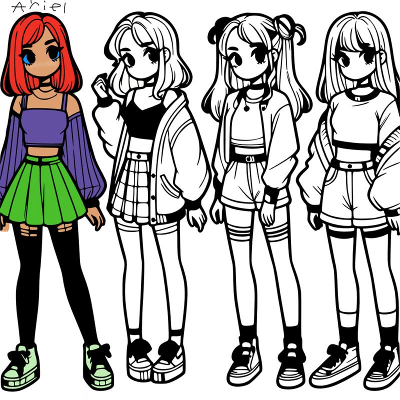 one girl with crop-top shirt and a jacket with a skirt, long socks and another girl with a shirt and pants with a jacket