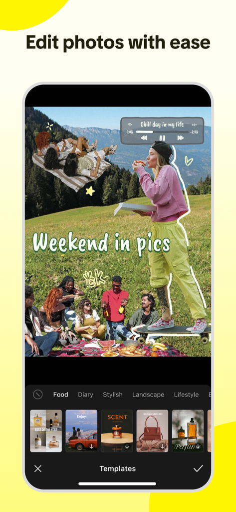 Lemon8 app screen showing photo editing tools including lifestyle templates and creative stickers