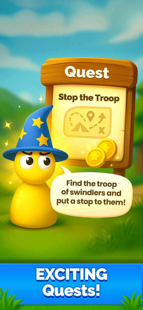 Ludo Quest: Parchis Dice RPG - Yellow wizard character pawn introducing a mission in the Ludo Quest adventure mode