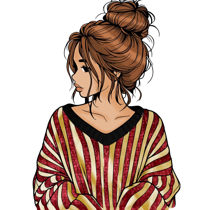 realistic girl wearing a messy bun and an oversized sweater