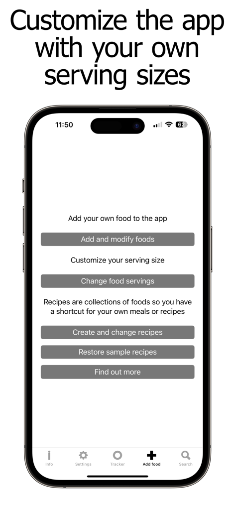 Fiber Counter and Tracker - Screenshot of the Fiber Counter and Tracker app showing options to add and modify foods, change serving sizes, and create custom recipes.