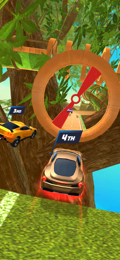 Sports cars racing through a jungle track with wooden loops and obstacles in Race Master 3D