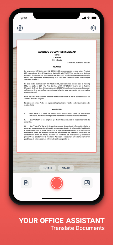 Scan & Translate+ Text Grabber - Interface do aplicativo Scan and Translate digitalizando um acordo de confidencialidade em espanhol na tela de um iPhone