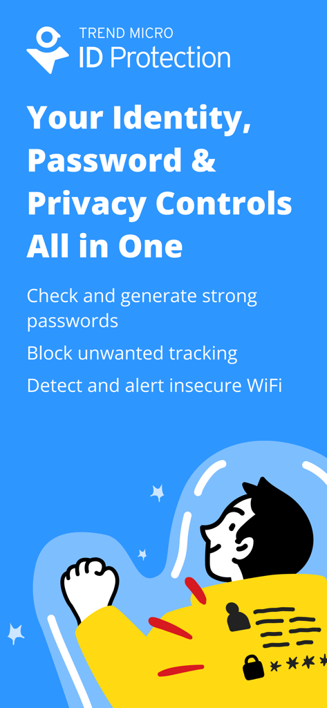 Trend Micro ID Protection - Trend Micro ID Protection App-Oberfläche, die alle Identitäts-, Passwort- und Datenschutzkontrollen in einer Ansicht zeigt