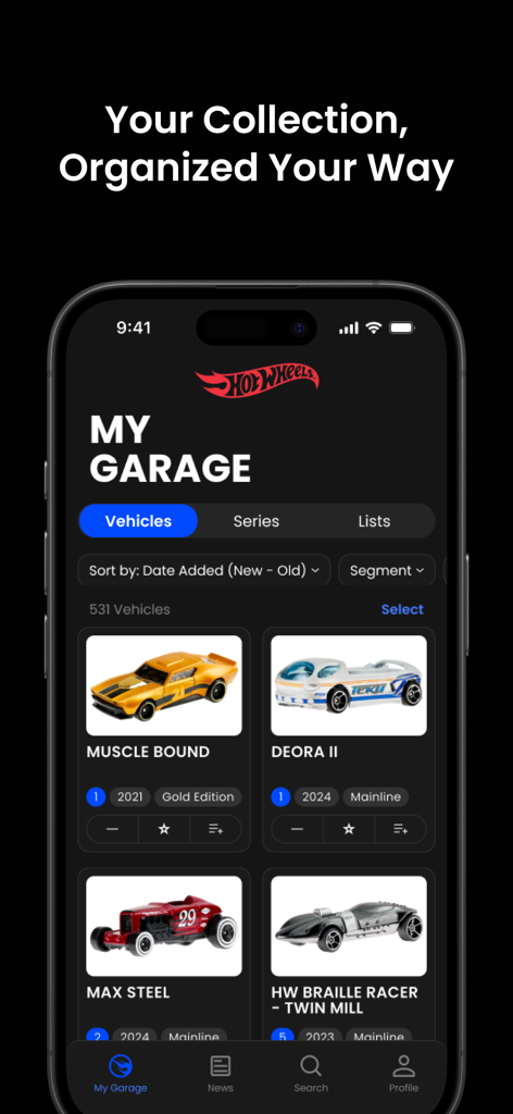 The My Garage screen of the Hot Wheels Showcase app displaying a collection of die-cast cars.