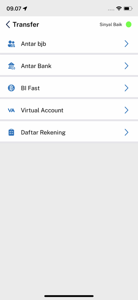 Pantalla del menú de transferencias en la aplicación móvil DIGI by bank bjb que muestra opciones para transferencias bancarias y cuentas virtuales