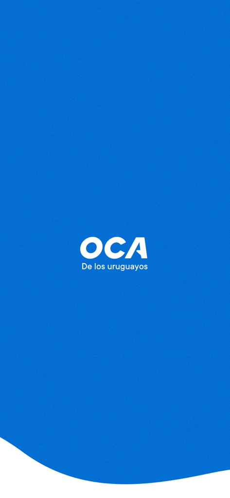 OCA financial app splash screen with white logo on a blue background