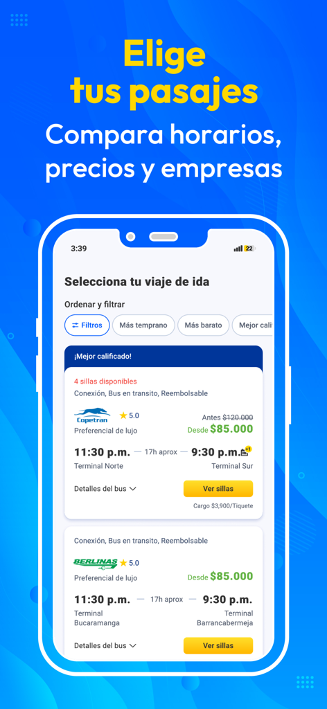 Pinbus - Screen from Pinbus app comparing bus tickets and prices in Colombia