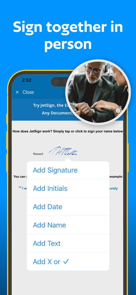JetSign: Fill & Sign PDF Docs - JetSign mobile app interface showing options to add signature, initials, and date on a document for in-person signing