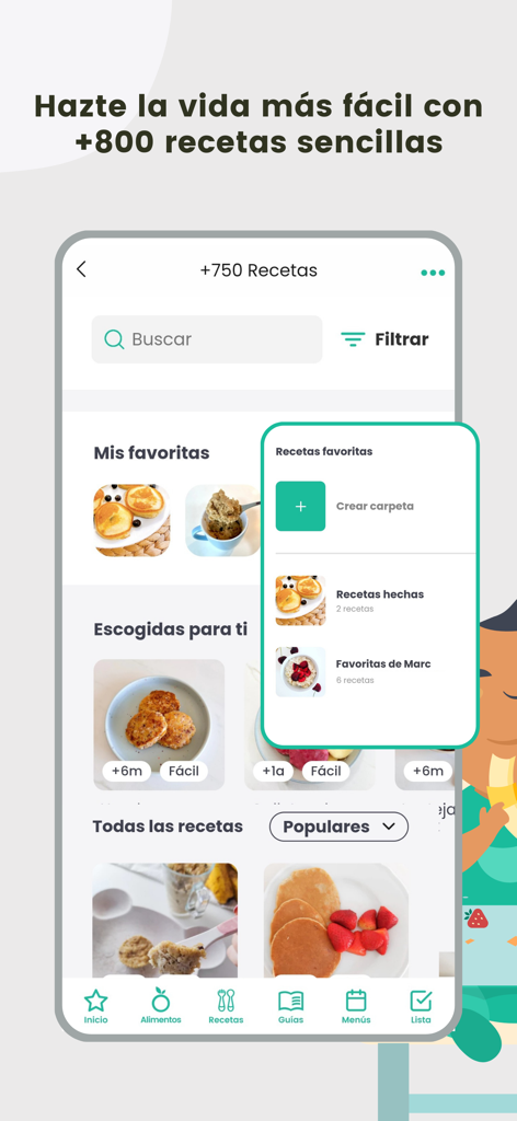 BLW Ideas Recetas Bebés - Interfaz de la app BLW Ideas que muestra una función de búsqueda de recetas y un menú emergente para organizar recetas favoritas para bebés en español.