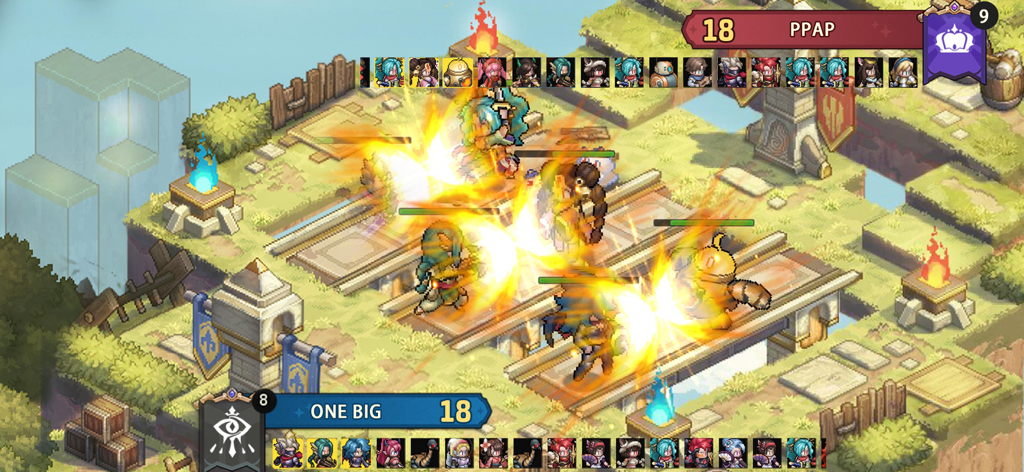 Realms of Pixel - Cena de batalha isométrica 2.5D em pixel art de Realms of Pixel com efeitos de feitiços chamativos