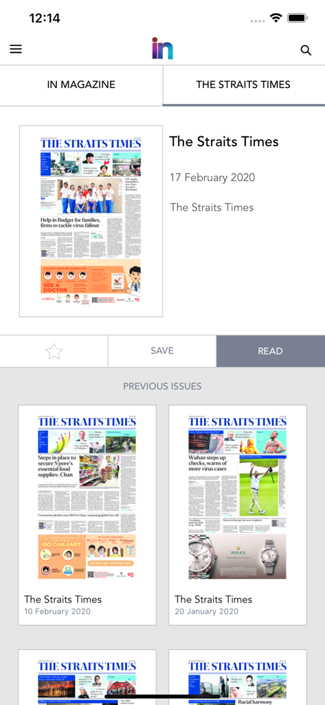 The Straits Times IN - The Straits Times IN app interface displaying a digital collection of newspaper issues