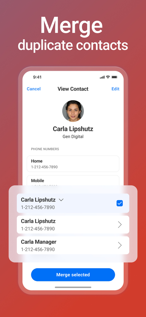 Interfaz de la aplicación CCleaner para fusionar contactos duplicados en el iPhone