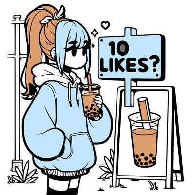girl with oversized hoodie drinking boba and she has a high ponytail with a sign that says 10likes?
